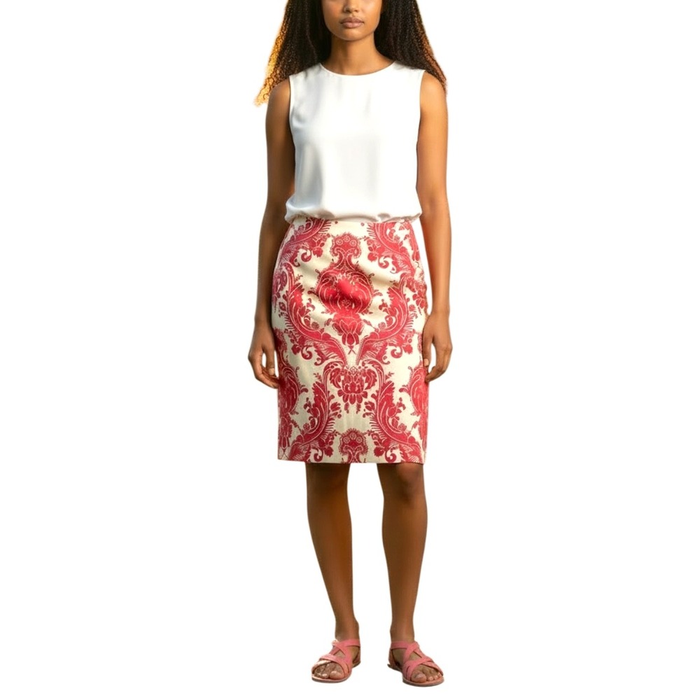 Marciano Silk Blend Pink Cream Baroque Pencil Skirt Lace Up Back Size 8 Brunch